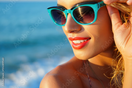 Model smiling and wearing sunglasses at the beach