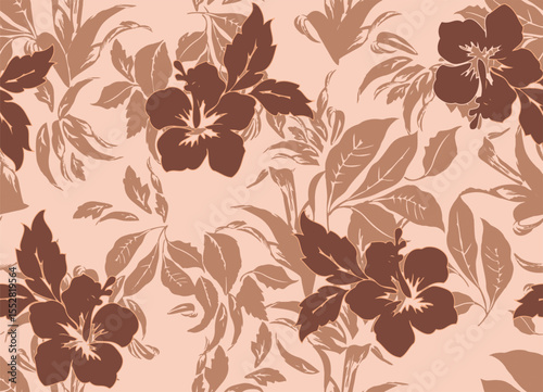Stylish seamless hibiscus pattern designed with warm earth tones and nude background. A nature-inspired print suitable for women’s resortwear, vintage-themed fabrics, and home décor applications