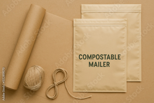 Compostable mailers, shipping supplies, paper roll, and twine promoting eco-friendly packaging