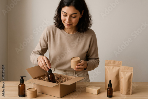 Woman preparing sustainable eco-friendly natural cosmetic products for shipping