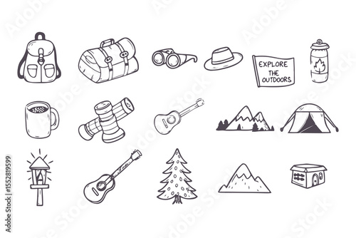  Hand Drawn Camping and Outdoor Adventure Icons. Doodle Style Set with Tent, Backpack, Camera, Campfire, Mountains, and Nature Elements Clipart Vector Illustration on White Background