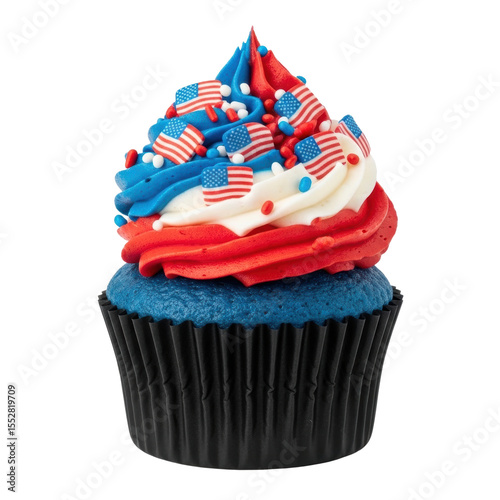 A vibrant cupcake featuring red, white, and blue frosting, adorned with small american flag sprinkles, perfect for patriotic celebrations.