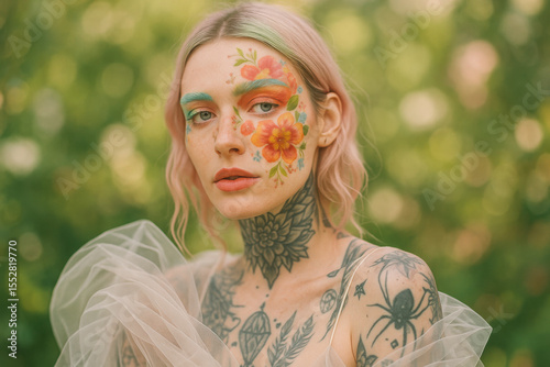 Model showing colorful flower makeup and tattoos posing in nature