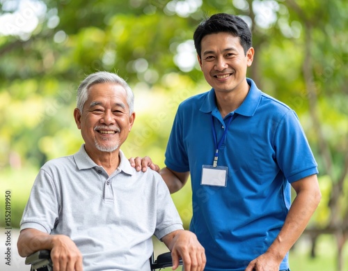 Photo of a male caregiver pushing a wheelchair in the park and an elderly man,公園で車椅子を押す男性介護士と高齢男性の写真 