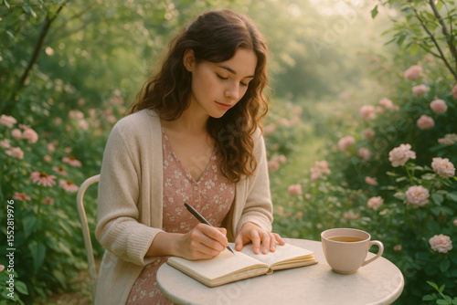 Young woman writing in notebook at garden table, enjoying morning tea