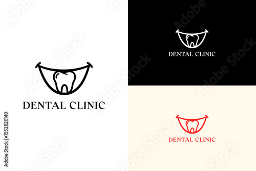 illustration of smiling mouth with a tooth integrated, icon, vector logo for dental care, dentist, orthodontist, teeth cleaning, tooth implant, root canal, tooth health, dental clinic, and more