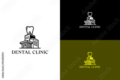 dental clinic building with a large tooth on top vector illustration, icon, logo for dentist, root canal, teeth cleaning, tooth implant, tooth health, oral care, orthodontist, and more