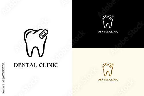 tooth with a small bandage symbol vector illustration, icon, logo for dental care, oral health, tooth health, teeth cleaning, tooth implant, root canal, orthodontist, dental clinic, and more