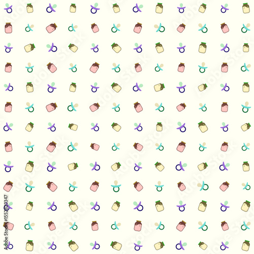 Baby equipment vector pattern, milk pacifier, milk in glass jar, cute and adorable