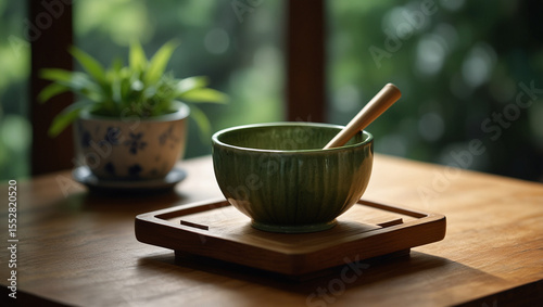 Matcha glass, Matcha tea brewing, Healthy drink, Traditional Japanese drink on a simple dark tone background.