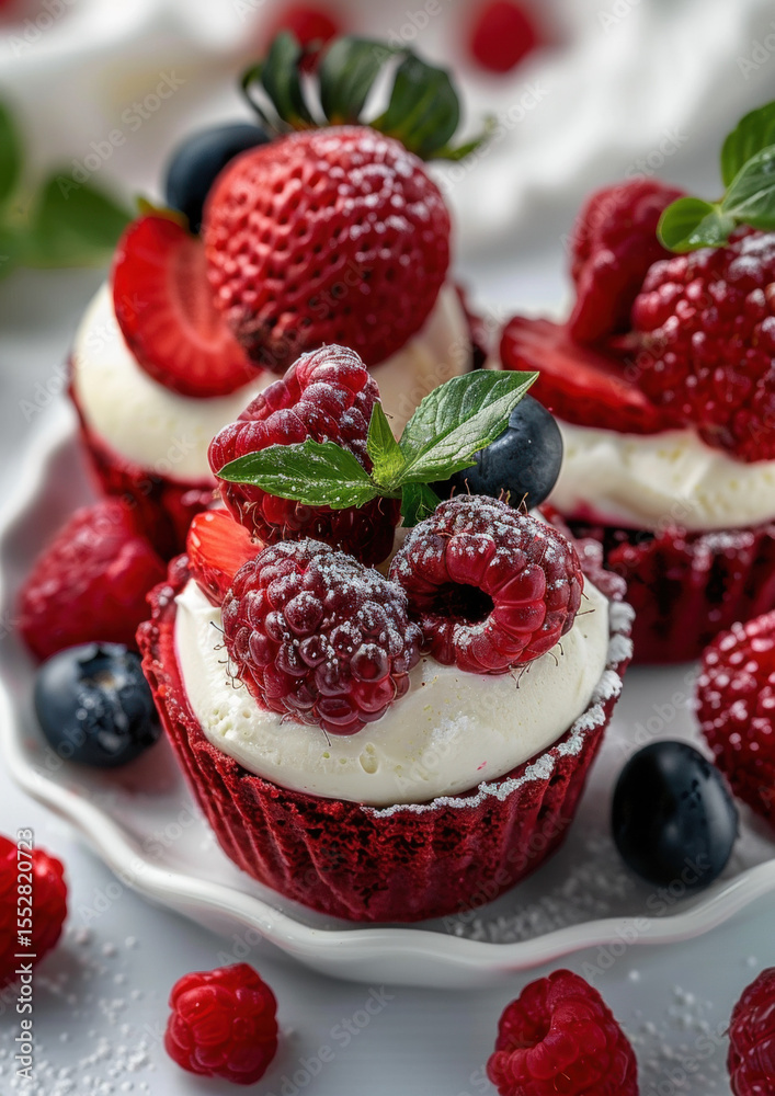 A delicious berry and strawberry cake dessert on a plate A delicious berry and strawberry cake dessert on a plate