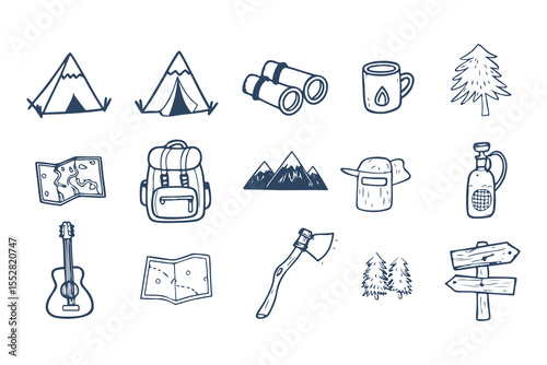  Hand Drawn Camping and Outdoor Adventure Icons. Doodle Style Set with Tent, Backpack, Camera, Campfire, Mountains, and Nature Elements Clipart Vector Illustration on White Background
