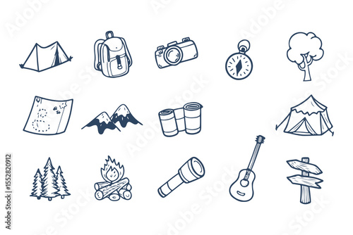  Hand Drawn Camping and Outdoor Adventure Icons. Doodle Style Set with Tent, Backpack, Camera, Campfire, Mountains, and Nature Elements Clipart Vector Illustration on White Background