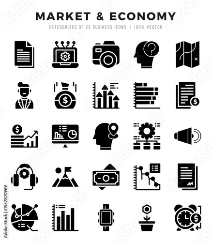 Market & Economy Icons Pack Glyph Style. Vector illustration.
