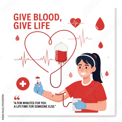 Blood Donation Poster Vector Illustration – Save Life, Medical Charity, Volunteer Healthcare Concept