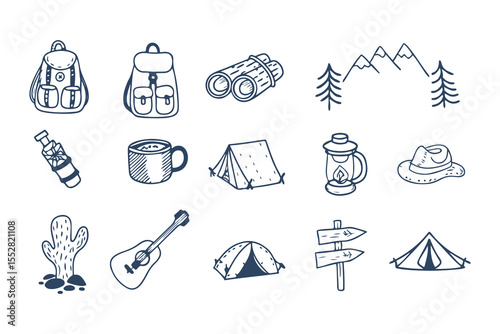  Hand Drawn Camping and Outdoor Adventure Icons. Doodle Style Set with Tent, Backpack, Camera, Campfire, Mountains, and Nature Elements Clipart Vector Illustration on White Background