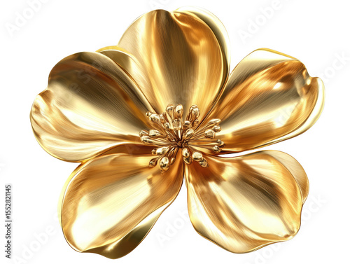 Golden metallic flower sculpture with shiny reflective surface isolated on transparent background