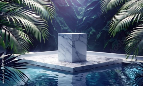 Marble pedestal in tropical oasis with palm trees and water reflections, product display