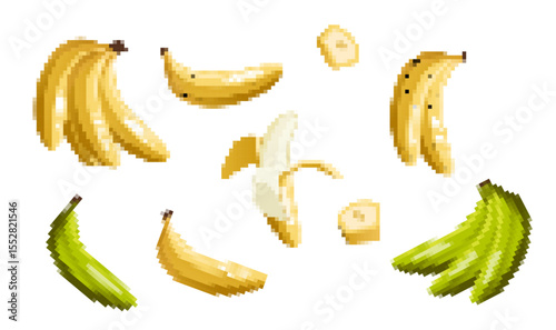 Colorful vector featuring various bananas in different stages of ripeness and styles. pixel art