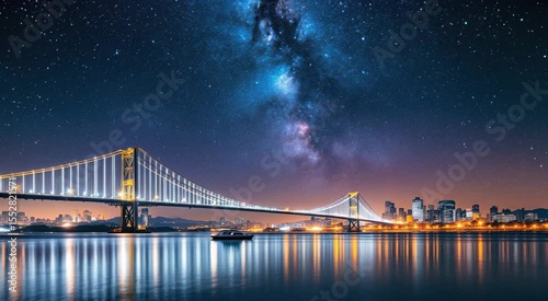 A mesmerizing night view featuring a brightly lit suspension bridge stretching across a calm river, with a spectacular Milky Way galaxy illuminating the sky above. The urban skyline and shimmering ref