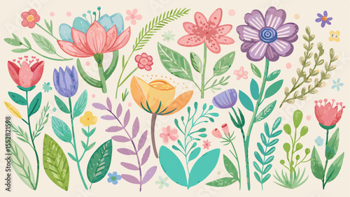 Flower crayon watercolor spring floral set. Hand drawn pastel crayon flower, leaf, plant with chalk texture. Cute nature background for kid, child, garden doodle element design.