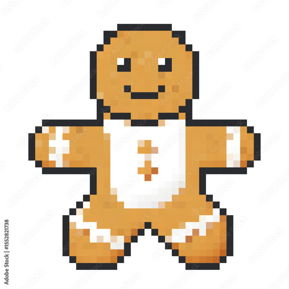 Obraz premium Cheerful gingerbread cookie character in pixel art style with a smiling face and festive attire