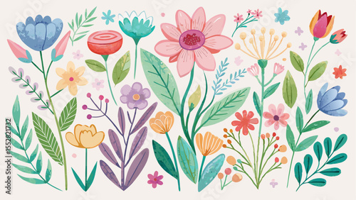 Flower crayon watercolor spring floral set. Hand drawn pastel crayon flower, leaf, plant with chalk texture. Cute nature background for kid, child, garden doodle element design.



