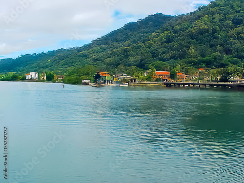 Tropical Waterfront Village with Colorful Buildings and Lush Forested Hills

