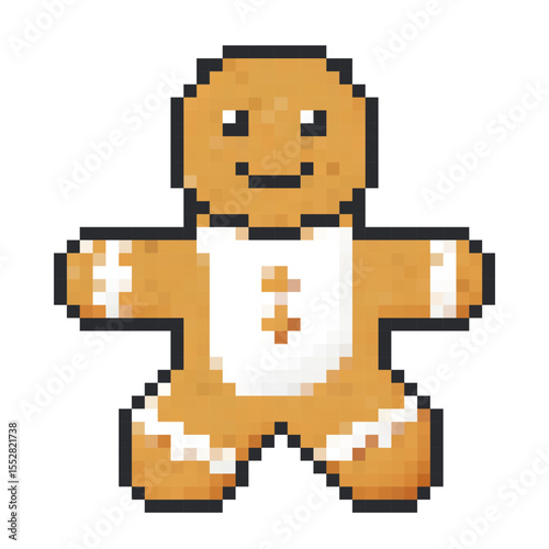 Cheerful gingerbread cookie character in pixel art style with a smiling face and festive attire