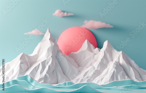 Paper art mountains with a serene sky and calm waters