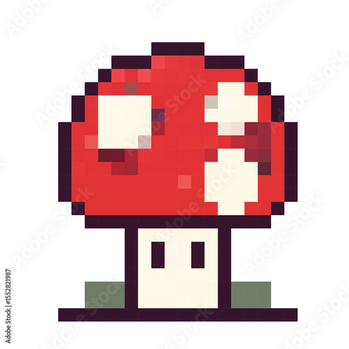 Retro pixel art depiction of a bright red mushroom with white spots on a white background