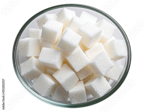 Close-Up of White Sugar Cubes in a Round Glass Bowl, Isolated on Transparent Background