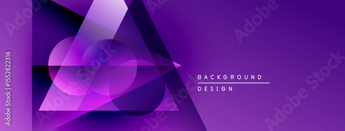Abstract purple design features overlapping geometric shapes. Gradient creates depth, modern aesthetic. Text reads background design.