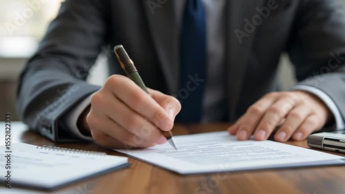 Business Professional Signs Document with Pen on Desk in Office Setting Video