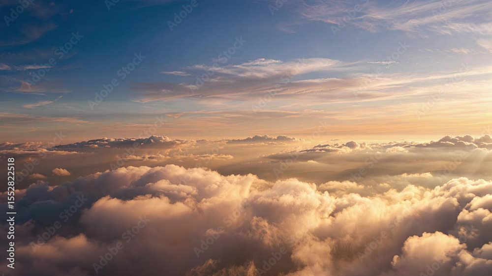 An awe-inspiring view of the sky from above the clouds during sunrise, showcasing golden light streaming over fluffy cloud layers under a soft blue sky. This tranquil and elevated scene evokes a sense