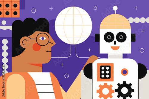 Person interacting with a friendly robot and a globe in a modern flat design