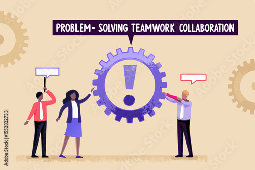 Diverse team collaborating to solve a problem using gears and an exclamation mark