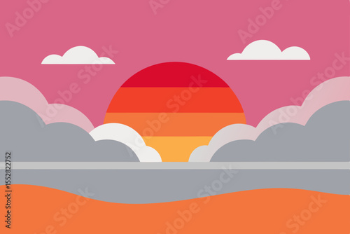 A vibrant vector illustration of a tropical beach landscape at sunset, featuring the ocean, clouds, and a lone palm tree