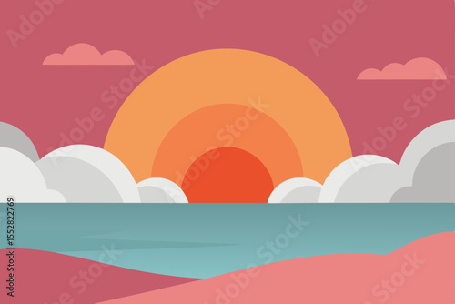 Vibrant vector illustration of a summer sunset over the ocean with orange sky, clouds, and a distant mountain horizon