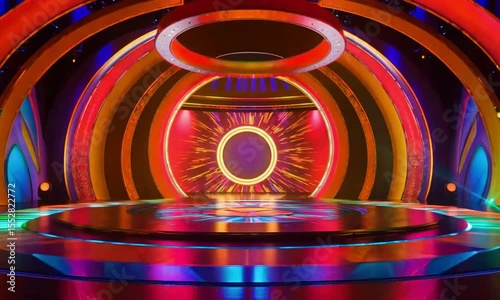 Vibrant Stage Design with Circular Elements and Dynamic Lighting for Entertainment