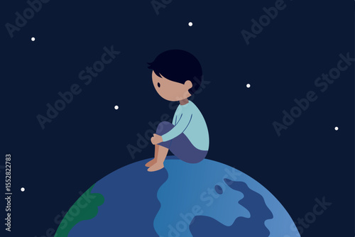 A whimsical cartoon girl gazes at the glowing earth and stars in the winter night sky, a symbol of cosmic love and wonder