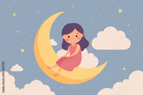 Vector illustration of a beautiful baby girl with flowing hair sleeping on the moon amidst a sky full of stars