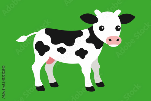 Cute cartoon farm animal illustration of a black and white dairy cow on a green grass meadow