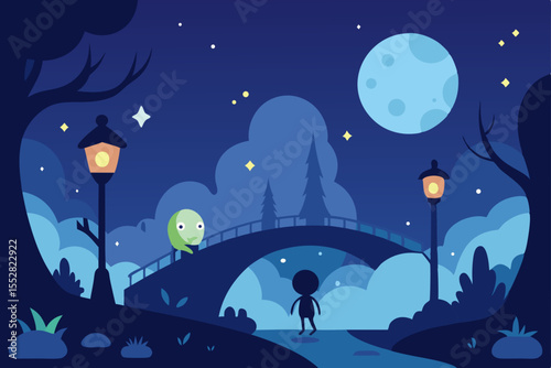 Lovers silhouetted against a dark winter night sky with a full moon and twinkling stars, nestled in a nature landscape illustration