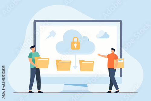 Two people interacting with a computer screen showing cloud storage and security