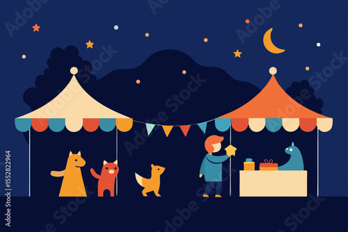 Night Market with Cute Animals A Whimsical Illustration