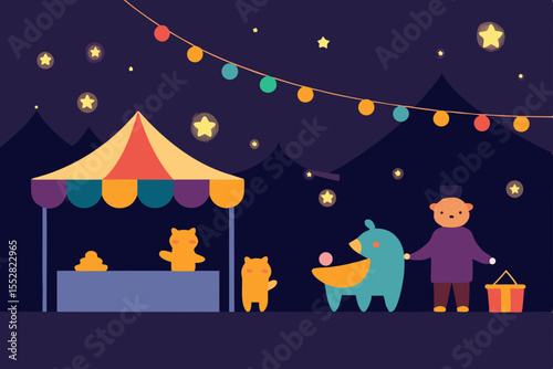 Christmas night vector illustration with Santa Claus, his sleigh and reindeer flying over a snowy village, illuminated by a star-filled sky