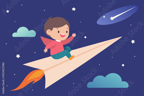 Cartoon vector illustration of a boy astronaut traveling through the night sky with a rocket, surrounded by stars, planets, and a moon, perfect for a child's cosmic adventure