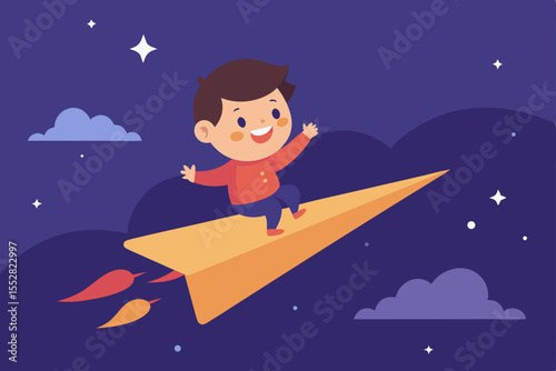 Astronaut and boy share a whimsical Christmas night on the moon, surrounded by stars and winter snow, a cartoon illustration of love and holiday magic