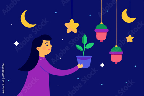 A cartoon child angel with a magic wand and a gift box flies through a starry Christmas night sky